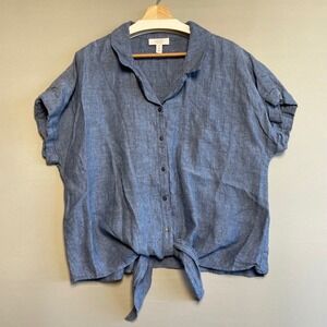 Charter Club Luxury Linen Blue Tie Front Collared Short Sleeve Shirt Womens XL